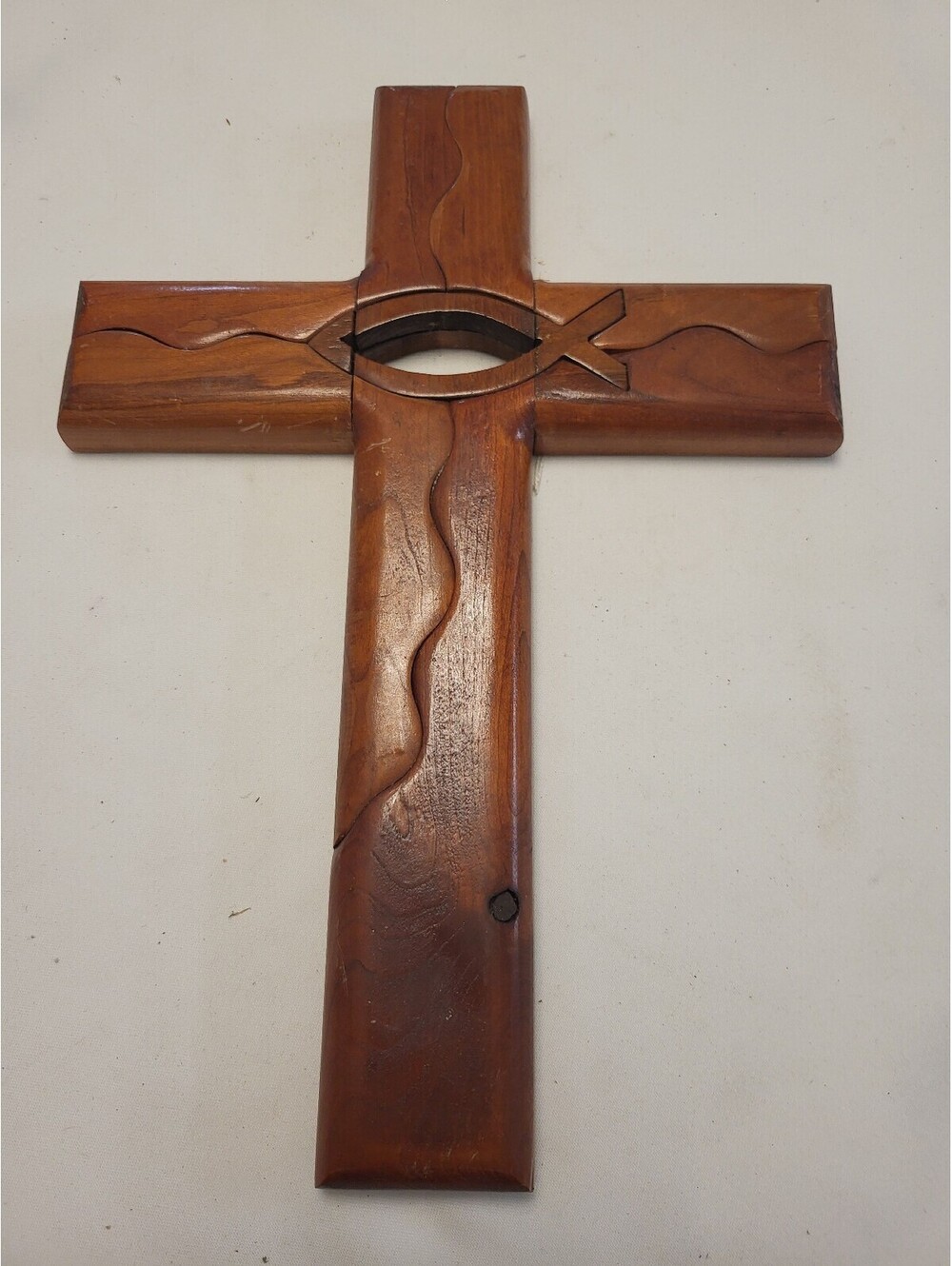 Handmade Wooden Wall Cross with Christian Fish Symbol 14"x10"